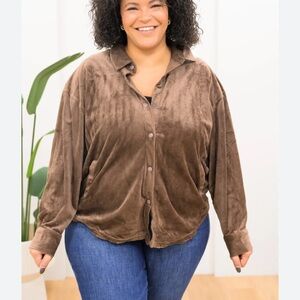 Le Lis Velvet Chocolate Brown Button Down Shirt - Shacket